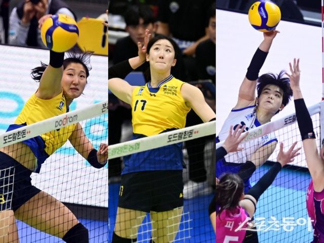 현대건설은 정지윤과 고예림, 서지혜(왼쪽부터) 등 국내 아웃사이드 히터 삼총사를 활용하며 부상 이탈한 아시아쿼터 ‘살림꾼’ 위파위의 공백을 메우고 있다. 스포츠동아DB