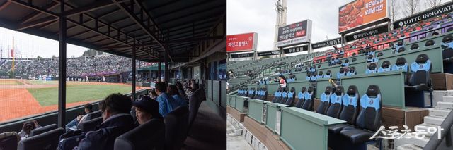 ‘G-라운드석’(왼쪽)과 ‘외야 특화 좌석’이 확대됐다. 사진제공｜롯데 자이언츠