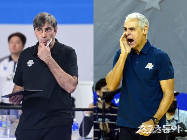 이번 시즌 V리그 정규리그가 종료를 앞둔 가운데 외국인 사령탑의 경쟁에선 필립 블랑 현대캐피탈 감독(왼쪽)과 레오나르도 아폰소 KB손해보험 감독이 승자가 됐다. 스포츠동아DB