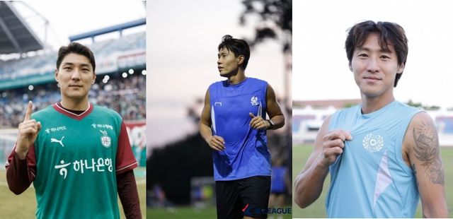 ‘하나은행 K리그1 2025’ 초반 성적은 이적생들의 활약과 비례한다. 대전하나 공격수 주민규, 광주 수비수 민상기, 대구 수비수 정우재(왼쪽부터)가 대표적이다. 사진제공｜한국프로축구연맹