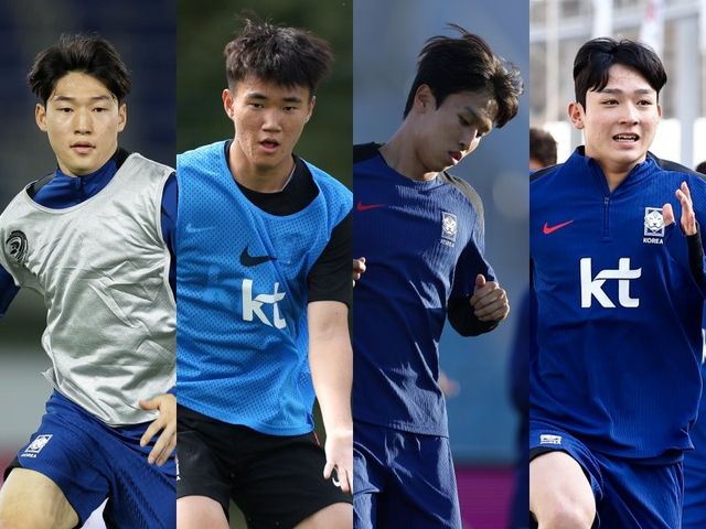 축구대표팀은 25일 수원월드컵경기장에서 열릴 요르단과 2026북중미월드컵 아시아 최종예선 B조 8차전 홈경기에서 이강인의 부상 공백을 메워야 한다. 2선 공격 자원인 배준호, 양현준, 엄지성, 양민혁(왼쪽부터)의 활약이 어느 때보다 절실하다. 사진제공｜대한축구협회