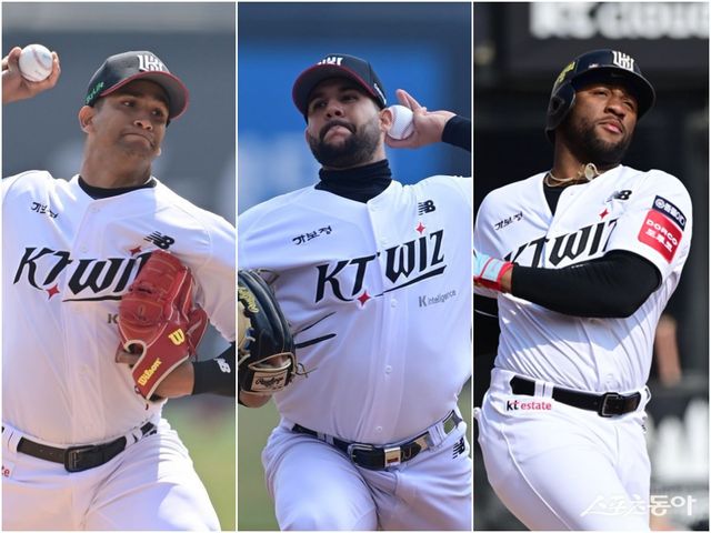 KT 외국인선수 윌리엄 쿠에바스, 엔마누엘 데 헤이수스, 멜 로하스 주니어(왼쪽부터). 수원｜주현희 기자 teth1147@donga.com