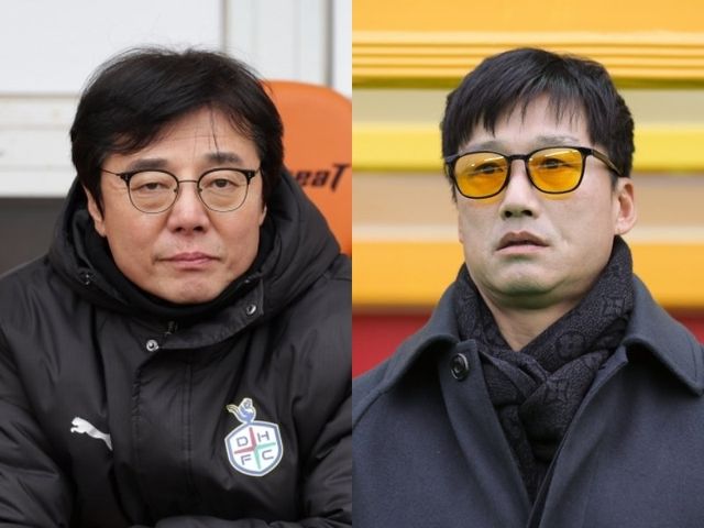 대전하나 황선홍 감독(왼쪽)과 광주 이정효 감독의 지략대결이 29일 대전월드컵경기장에서 펼쳐진다. 선두 대전하나는 4연승을 원하지만, 광주는 호락호락한 상대가 아니다. 사진제공｜한국프로축구연맹