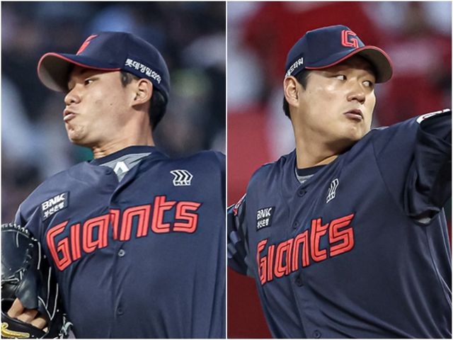 롯데 김진욱(왼쪽), 나균안이 각각 26, 27일 인천 SSG전에 선발등판해 역투하고 있다. 사진제공｜롯데 자이언츠