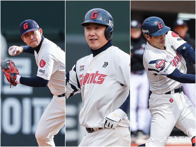 롯데 김민성, 정훈, 전준우(왼쪽부터)가 30일 사직 KT전에 각각 선발, 교체출전해 공·수 양면 활약했다. 사진제공｜롯데 자이언츠