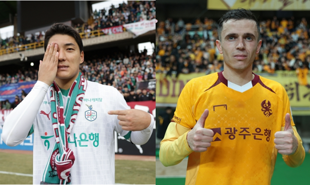 대전하나 주민규(왼쪽)와 광주 아사니는 3라운드까지 치른 이번 시즌 K리그1에서 나란히 3골씩을 터트리며 득점 부문 공동 선두에 올라있다. 사진제공｜한국프로축구연맹