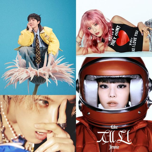 왼쪽 위부터 BTS 제이홉, 레드벨벳 슬기, 블랙핑크 제니, NCT 텐. 사진제공|빅히트 뮤직·SM엔터테인먼트·OA엔터테인먼트