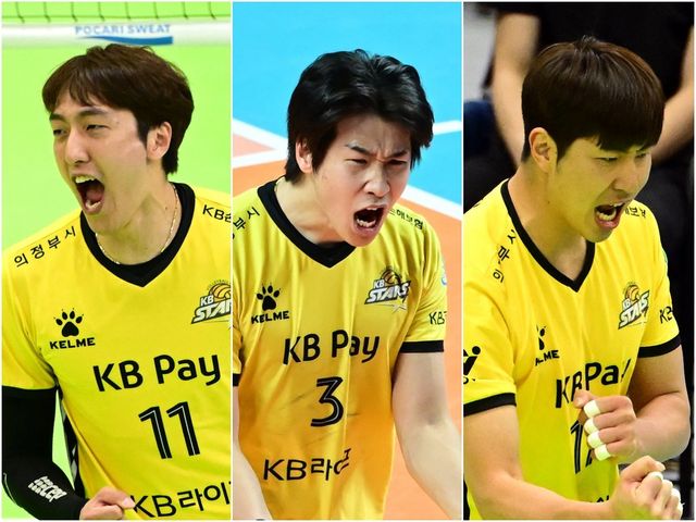 KB손해보험 선수 중에는 현대캐피탈 출신이 적지 않다. 올 시즌에 앞서 KB손해보험으로 이적한 차영석, 이현승을 비롯해 베테랑 미들블로커 박상하(왼쪽부터) 모두 친정팀과 정상에서 다시 만나겠다는 의지가 강하다. 사진제공｜KOVO