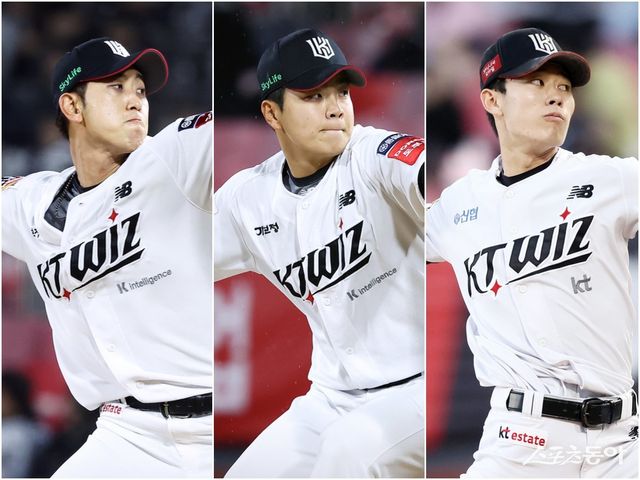KT 필승조 김민수, 손동현, 원상현(왼쪽부터)이 지난달 23일 수원 한화전부터 무실점 행진을 이어가고 있다.