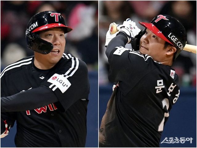 LG 김현수(왼쪽)와 문보경이 해결사 능력을 발휘하며 타선을 쌍끌이하고 있다. 신일고 동문 선후배인 둘은 롤모델과 후계자에서 팀의 선두 질주를 함께 이끄는 주축이 됐다. 스포츠동아DB