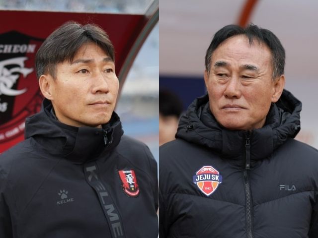 부천과 제주가 16일 부천종합운동장에서 열릴 ‘2025 하나은행 코리아컵’ 3라운드(24강)에서 맞붙는다. 연고 이전으로 악연이 있는 두 팀이기에 부천 이염민 감독(왼쪽)과 제주 김학범 감독의 지략대결도 더욱 관심을 끈다. 사진제공｜한국프로축구연맹