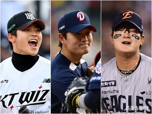 KT 박영현, 두산 김택연에 이어 한화 김서현(왼쪽부터)의 가세로 KBO리그의 젊은 마무리투수 경쟁이 한층 치열해지고 있다. 이들 3명 모두 힘 있는 투구로 각 팀의 뒷문을 걸어 잠그고 있다. 스포츠동아DB