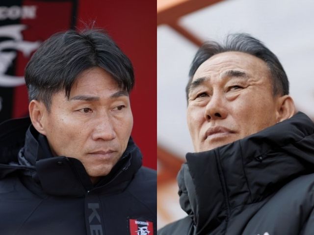 부천 이영민 감독(왼쪽)과 제주 김학범 감독은 16일 부천종합운동장에서 열린 ‘2025 하나은행 코리아컵’ 3라운드를 앞두고 ‘연고 이전 문제’에 대해 상반된 태도를 보였다. 이 감독은 “결코 사라지지 않을 스토리”라며 선수들에게 전투의지를 불어넣었고, 김 감독은 “많은 경기 중 하나일뿐”이라며 언급을 자제했다. 사진제공｜한국프로축구연맹