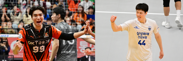 ‘몽골 듀오’ 바야르사이한(왼쪽)과 에디가 최근 ‘2025 V리그 아시아쿼터 드래프트’ 남자부에서 각각 현대캐피탈과 한국전력에 지명됐다. 2023~2024시즌에 이어 2025~2025시즌 V리그 커리어를 다시 이어가게 됐다. 새 팀, 새 포지션에서 이들이 펼칠 활약에 눈길이 쏠린다. 사진제공｜KOVO