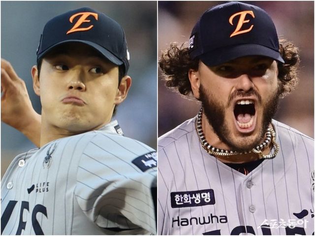 한화 문동주(왼쪽), 외국인투수 코디 폰세가 불펜에서 머리를 맞댔다. 더 빠르고 좋은 공을 던지기 위해 노하우를 공유했다. 뉴시스·스포츠동아DB