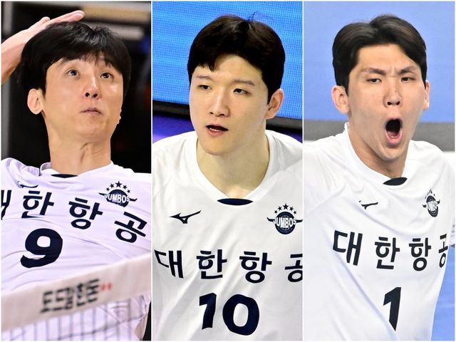 대한항공의 내부 FA 선수인 아웃사이드 히터 곽승석, 정지석, 미들블로커 김규민(왼쪽부터)이 모두 잔류했다. 사진제공｜KOVO