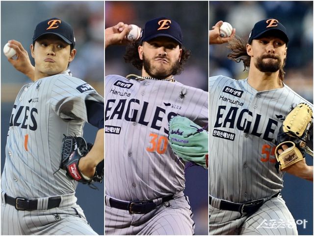 한화의 강속구 선발 트리오 문동주-코디 폰세-라이언 와이스(왼쪽부터)가 평균 150㎞ 이상의 직구를 앞세워 상승세를 이끌고 있다. 구단 최초의 선발 8연승 중 6승을 셋이 합작했다. 뉴시스·스포츠동아DB
