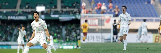 포항 조상혁(왼쪽)과 한현서는 각각 팀의 창과 방패로서 프로 데뷔 시즌부터 승승장구하고 있다. 학창시절 프로 무대 입성에 어려움을 겪어 마음고생이 심했지만, 이젠 포항에서 성공시대를 그려가겠다는 의지다. 사진제공｜한국프로축구연맹