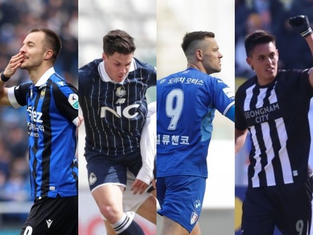 인천 무고사, 서울 이랜드 아이데일, 수원 일류첸코, 성남 후이즈(왼쪽부터)는 ‘하나은행 K리그2 2025’ 초반부터 물오른 결정력으로 각 팀의 상승세를 이끌고 있다. 사진제공｜한국프로축구연맹