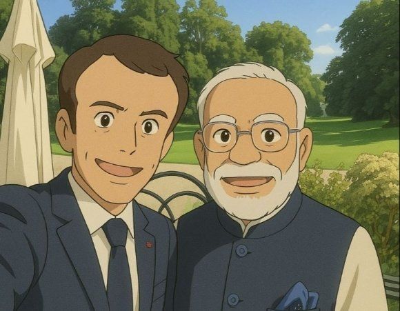 나렌드라 모디 인도 총리(오른쪽)가 에마뉘엘 마크롱 프랑스 대통령과 찍은 사진을 ‘지브리 스타일’로 바꾼 이미지. 사진 출처 | 인도 정부 X