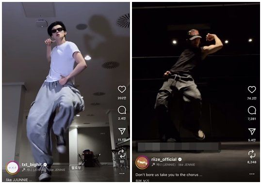 일명 ‘제니 초식 경쟁’엔 남성 아이돌이 대거 출사표를 내밀어 화제를 모으고 있다. ‘챌린지 황제’로 첫손 꼽히는 투모로우바이투게더 멤버 연준(왼쪽), 5세대 아이돌 가운데 ‘넘사벽 퍼포먼스’라 지목돼온 라이즈 멤버 쇼타로 사진제공|투모로우바이투게더·라이즈 SNS 캡처