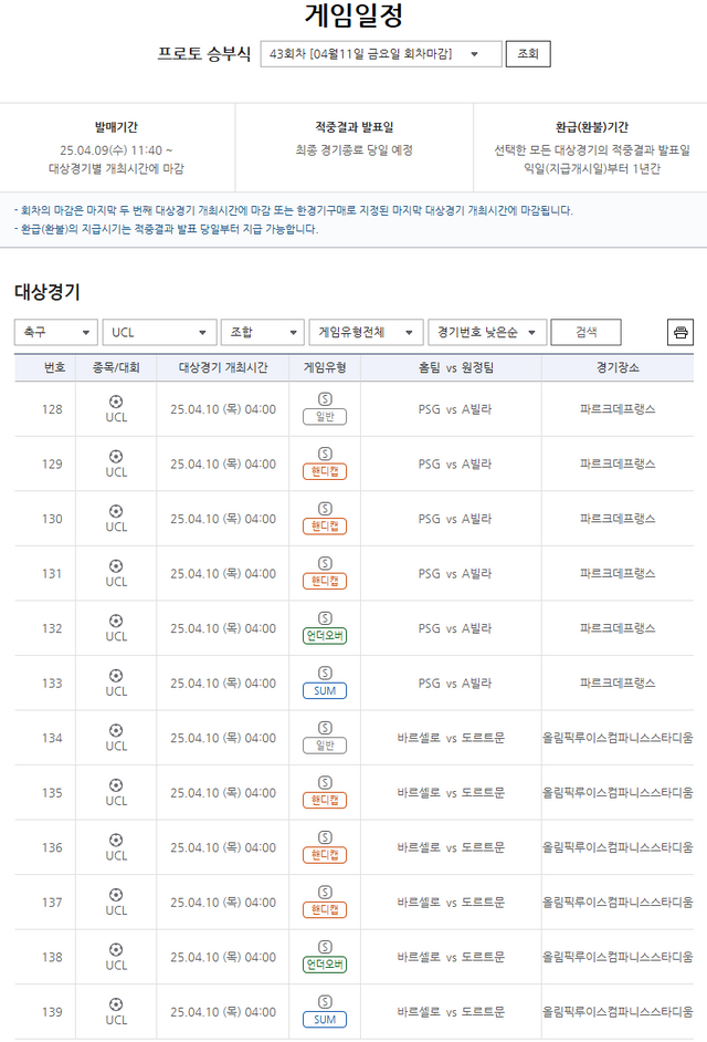 프로토 승부식 43회차 챔피언스리그 대상 경기 및 게임 정보
