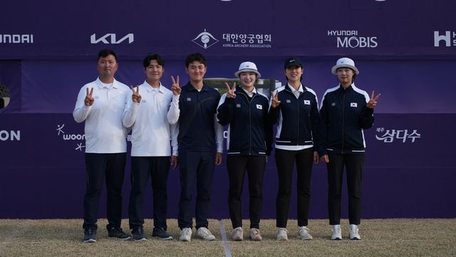 ‘세계 최강’ 양궁국가대표팀이 올해 첫 월드컵대회인 2025현대양궁월드컵 상하이 2차대회에서 리커브 전 종목 싹쓸이에 성공했다. 남자부 김우진, 이우석, 김제덕과 여자부 강채영, 안산, 임시현(왼쪽부터) 등이 고루 세계 정상급 기량을 펼친 덕분이다. 사진제공｜대한양궁협회