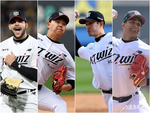 KT가 올 시즌 처음으로 주간 무승에 그쳤다. ERA 1위를 달리던 선발진의 부진이 겹쳤다. 엔마누엘 데 헤이수스, 소형준, 고영표, 윌리엄 쿠에바스(왼쪽부터)가 이 기간 연달아 패전을 떠안았다. 스포츠동아DB
