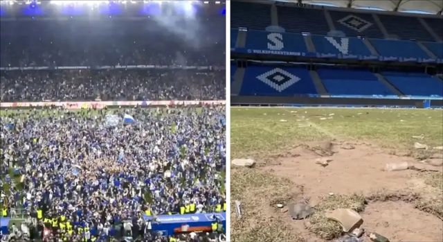 함부르크의 1부 승격이 확정되던 11일(한국시간) 수천명의 팬들이 경기장에 난입했다. 일부 팬은 잔디를 뜯어가기도 했다. 영국 매체 ‘트리뷰나’는 “울름전 다음날 경기장은 마치 지진이 일어난 것처럼 엉망진창이었다”고&nbsp;전했다. 사진출처｜트리뷰나