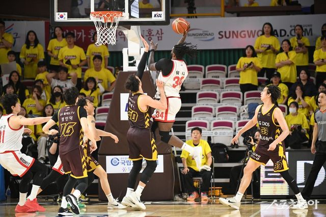 SK 자밀 워니(등번호 34)가 15일 창원체육관에서 열린 LG와 챔피언 결정전 6차전 막판 골밑 득점을 해내고 있다. 이 골로 SK는 54-51로 승리하며 3연패 후 3연승을 챙겨 챔피언 결정전을 7차전으로 몰고 갔다. 사진제공｜KBL