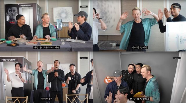 영화 ‘미션 임파서블: 파이널 레코닝’ 홍보 차 내한한 할리우드 배우 사이먼 페그와 그렉 타잔 데이비스가 ‘에픽하이’ 유튜브 채널에 출연해 ‘미션’을 수행하며 한국 문화 체험에 나섰다. 사이먼 페그는 과거 ‘방탄소년단’의 콘서트에 갔던 일화도 깜짝 언급했다. 사진제공 | 아워즈