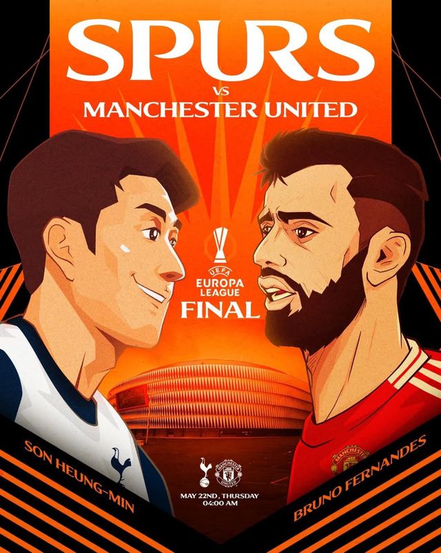 토트넘은 22일(한국시간) 스페인 빌바오 에스타디오 산 마메스에서 열릴 맨유와 2024~2025시즌 UEL 파이널을 앞두고 다양한 사진과 이미지를 활용한 포스터를 제작해 분위기를 띄우고 있다. 토트넘 주장 손흥민(왼쪽)과 맨유 캡틴 브루노 페르난데스의 이미지. 사진출처｜토트넘 홋스퍼 페이스북