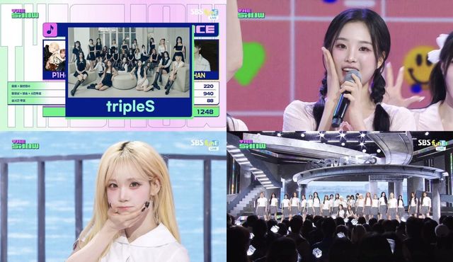 트리플에스는 SBS M ‘더쇼’에서 완전체 새 앨범 ‘ASSEMBLE25’의 타이틀곡 ‘깨어’로 1위를 차지하며 눈물의 트로피를 품에 안았다. 사진제공 | 모드하우스