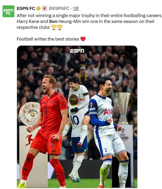 글로벌스포츠전문 매체 ‘ESPN’은 토트넘 출신의 바이에른 뮌헨 공격수 해리 케인(왼쪽)과 손흥민이 이번 시즌 나란히 커리어 첫 우승을 달성한 것을 축하했다. 사진출처｜ESPN SNS 갈무리