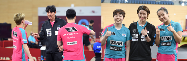 한국탁구는 오상은(왼쪽 사진 가운데)-석은미(오른쪽 사진 가운데) 감독 체제에서 세대교체에 접어들었다. 지난해 8월 2024파리올림픽 이후 변화의 시기에 접어든 가운데, 두 감독은 기대와 고민을 안고 카타르 도하 세계탁구선수권대회를 치르고 있다. 사진제공│대한탁구협회