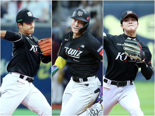 이강철 KT 감독은 올해 20대 선수들에게 적잖은 기회를 부여하고 있다. 수비 활용도가 높아진 강민성을 비롯해, 타선 한 자리를 꿰찬 안현민, 백업 내야수로 활약하는 박민석(왼쪽부터)이 그 결실을 맺고 있다. 사진제공｜KT 위즈