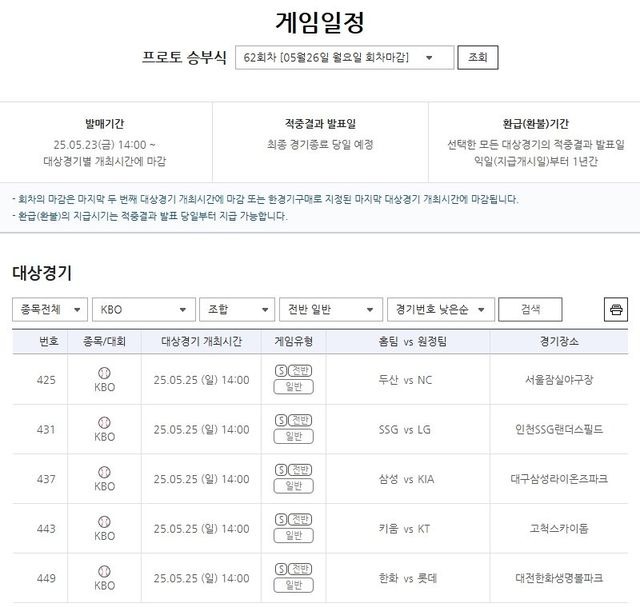 스포츠토토 프로토 승부식&nbsp;62회차 야구 전반 상품 유형 대상경기.