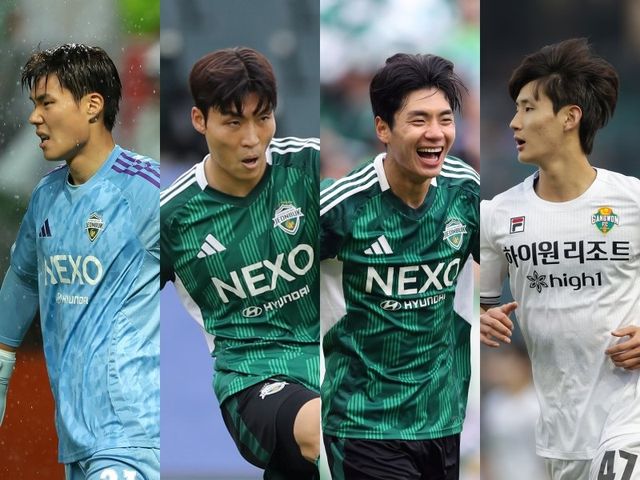 이라크~쿠웨이트와 6월 A매치 2연전을 앞둔 홍명보 대표팀 감독은 K리그1에서 좋은 활약을 펼치고 있는 송범근, 박진섭, 전진우, 신민하(왼쪽부터) 등을 꾸준히 지켜봤다. 지친 해외파의 역할을 대신하고 변화와 활력을 불어넣기 위해 대표팀 코칭스태프는 K리그 현장에서 답을 찾아왔다. 사진제공｜한국프로축구연맹