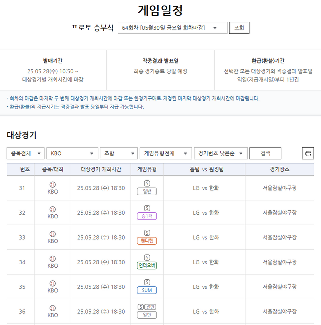 프로토 승부식&nbsp;64회차 2025 KBO리그 LG 트윈스(홈)-한화 이글스(원정)전 대상 경기.