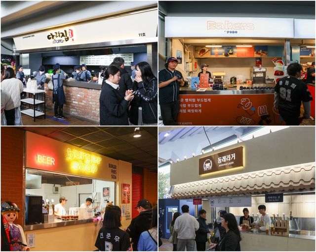 사직구장에 입점한 부산 로컬 브랜드 ‘다리집’, ‘포도X베이커스’, ‘동래라거’, ‘버거샵’(왼쪽 위부터 시계방향). 사진제공｜롯데 자이언츠