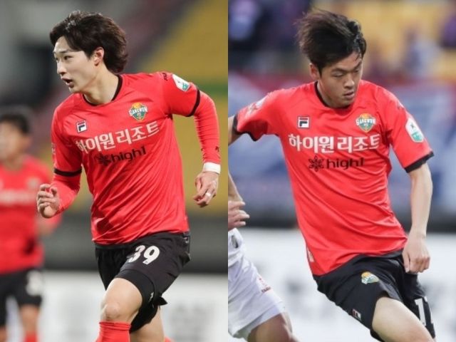 강원은 이지호(왼쪽)와 조진혁의 젊은 날개 조합으로 순위 반등을 꿈꾸고 있다. 6일 제주와 원정경기에서 둘은 후반전 교체 투입된 후 각자 1골씩 뽑으며 3-0 완승에 기여했다. 사진제공｜한국프로축구연맹