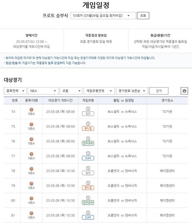 프로토 승부식 55회차 NBA 플레이오프 2라운드 대상 경기 및 게임 정보.