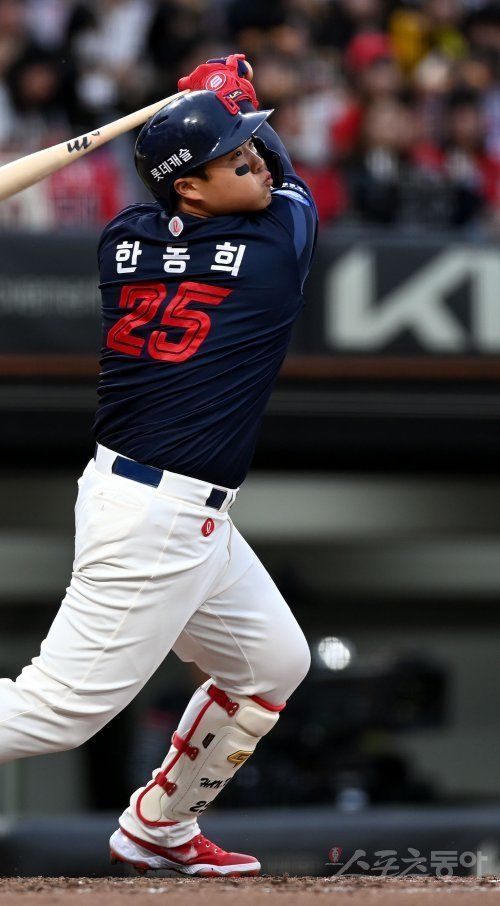 롯데 한동희에게 상무 야구단 입대는 큰 전환점이 됐다. 그는 2025시즌 퓨처스리그를 폭격하며 전역 후 롯데에 합류하는 내년 시즌을 기대케 하고 있다. 스포츠동아 DB