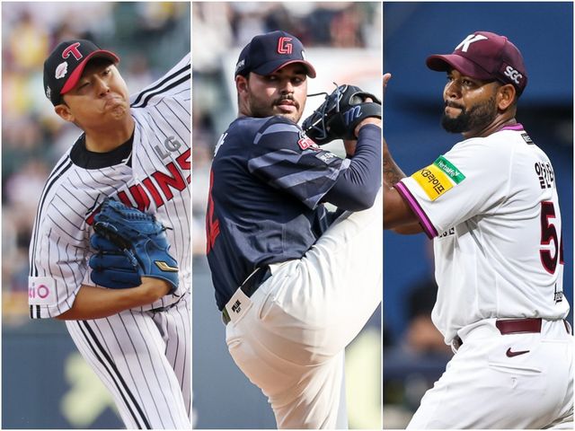 6월에도 선발투수들의 활약이 대단하다. 0점대의 ERA를 기록 중인 LG 송승기, 키움 라울 알칸타라와 롯데 마운드를 지탱한 알렉 감보아(왼쪽부터)의 활약이 눈에 띈다. 뉴시스·롯데 자이언츠·키움 히어로즈 제공