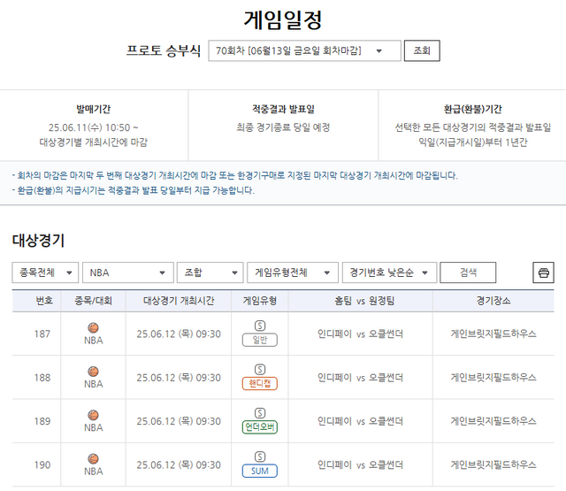 프로토 승부식&nbsp;70회차 NBA 파이널 3차전 대상 경기 및 게임 정보.