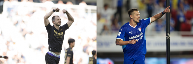 인천과 수원이 15일 수원월드컵경기장에서 치를 K리그2 16라운드 경기는 실질적 결승전이다. 인천 무고사(왼쪽)와 수원 일류첸코는 팀의 주포로 각각 리그 최다득점 1, 2위에 이름을 올렸다. 이들은 득점왕 욕심보단 팀의 승격만 바라보겠다는 각오로 경기에 임한다. 사진제공│한국프로축구연맹