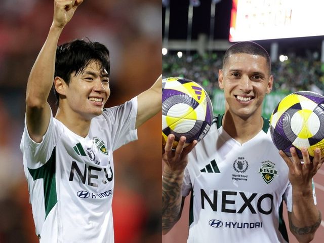 압도적 행보로 통산 10번째 우승을 향하는 전북의 화끈한 공격을 이끄는 콤비는 득점 선두 전진우(왼쪽)와 ‘부활한 킬러’ 티아고다. 사진제공｜한국프로축구연맹