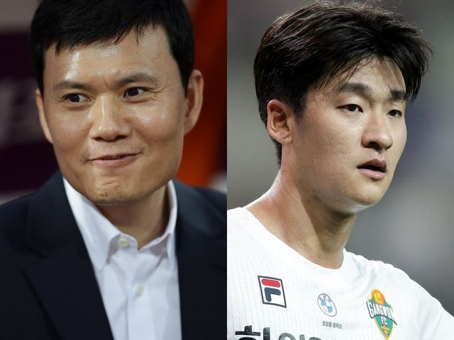 정경호 강원 감독(왼쪽)은 17일 서울월드컵경기장에서 열린 ‘하나은행 K리그1 2025’ 19라운드 원정경기에서 FC서울과 1-1로 비긴 뒤 공식 기자회견에서 “(이)상헌이에게 자유로운 역할을 부여했다. 앞으로 장점을 더 살릴 수 있도록 하겠다”고 밝혔다. 사진제공｜한국프로축구연맹