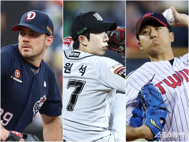 두산 외국인투수 잭로그, KT 오원석, LG 송승기가 올 시즌 좌완 경쟁 구도를 뜨겁게 달구고 있다. 뉴시스·KT 위즈·LG 트윈스 제공