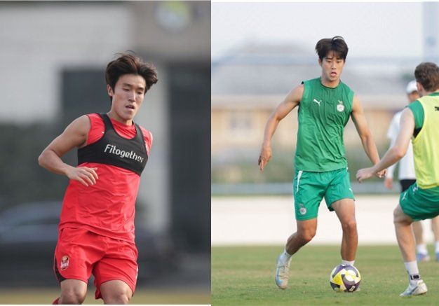 서울 김진야(왼쪽)와 대전하나 천성훈이 유니폼을 바꿔 입는다. 파괴력 있는 골잡이가 필요한 서울, 측면 멀티자원이 필요한 대전하나의 이해관계가 맞아떨어졌다. 인천 유나이티드 산하 유스팀인 대건고 동문인 둘은 새로운 도전에 나선다. 사진제공│한국프로축구연맹